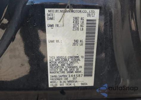 2013 Nissan Altima 3.5 Sv z USA, uszkodzony, nr VIN 1N4BL3AP9DC144587